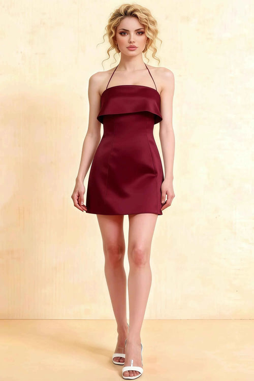 Bridget Burgundy Halter Mini Dress with Square Neck