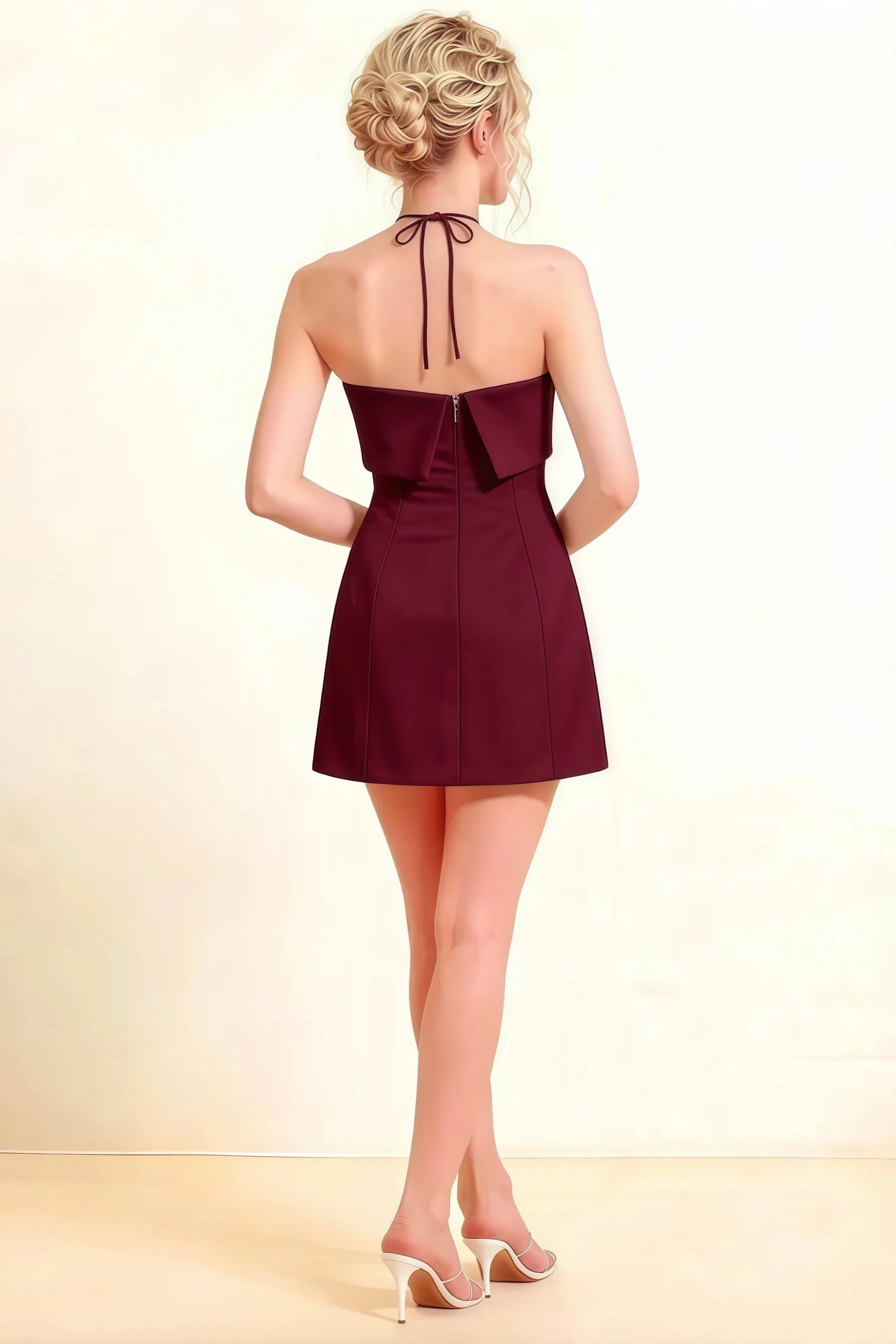 Bridget Burgundy Halter Mini Dress with Square Neck Secondary image