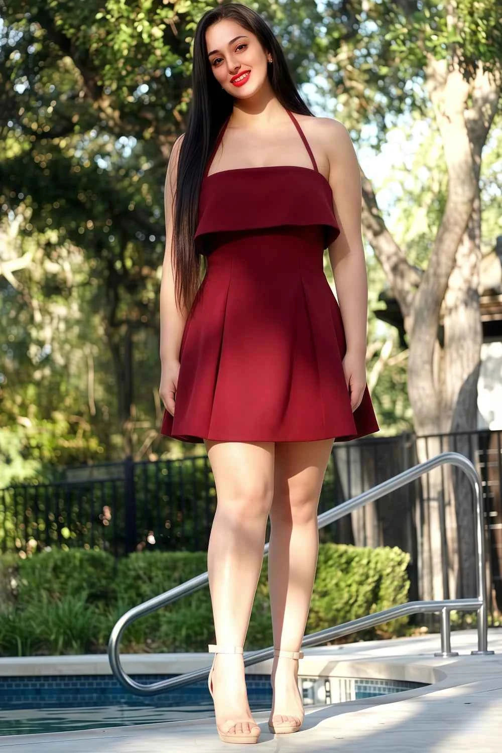 Bridget Burgundy Halter Mini Dress with Square Neck
