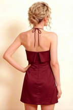 Bridget Burgundy Halter Mini Dress with Square Neck
