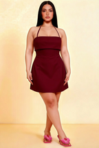 Bridget Burgundy Halter Mini Dress with Square Neck