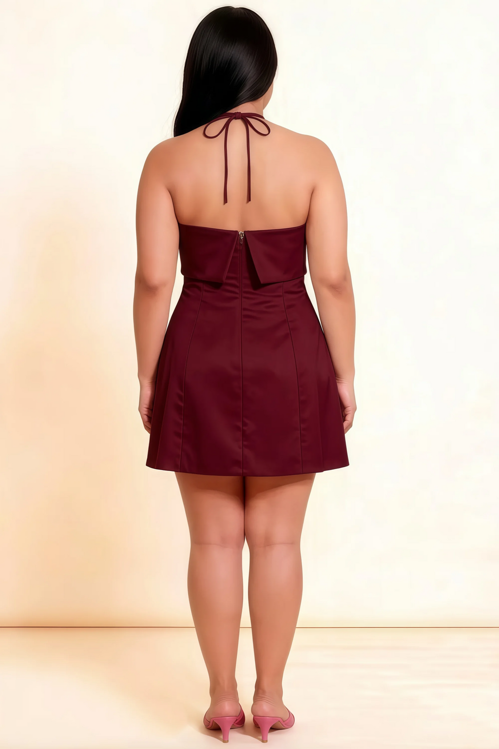 Bridget Burgundy Halter Mini Dress with Square Neck
