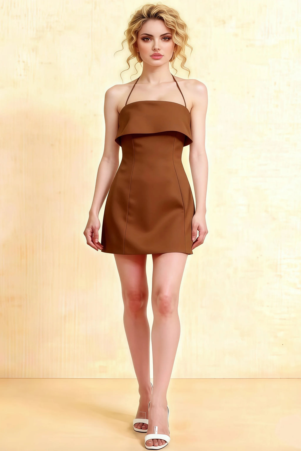 Bridget Coffee Halter Mini Dress with Square Neck