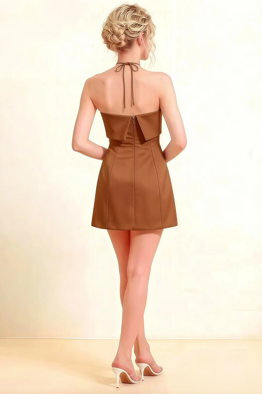 Bridget Coffee Halter Mini Dress with Square Neck