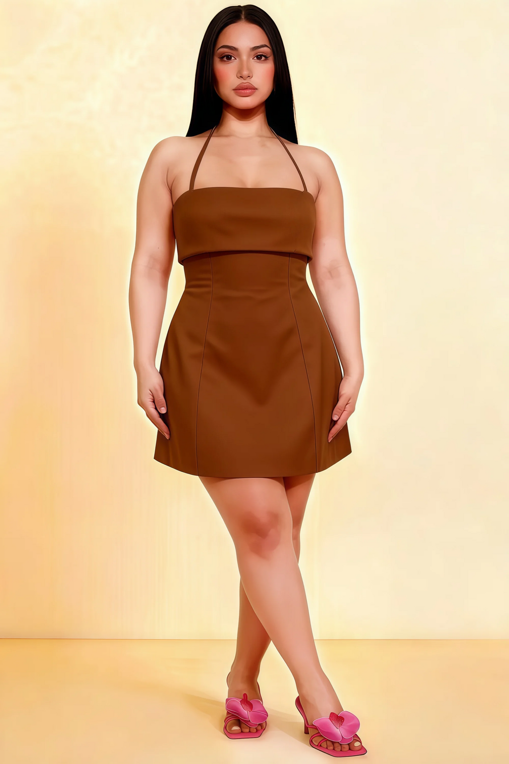 Bridget Coffee Halter Mini Dress with Square Neck