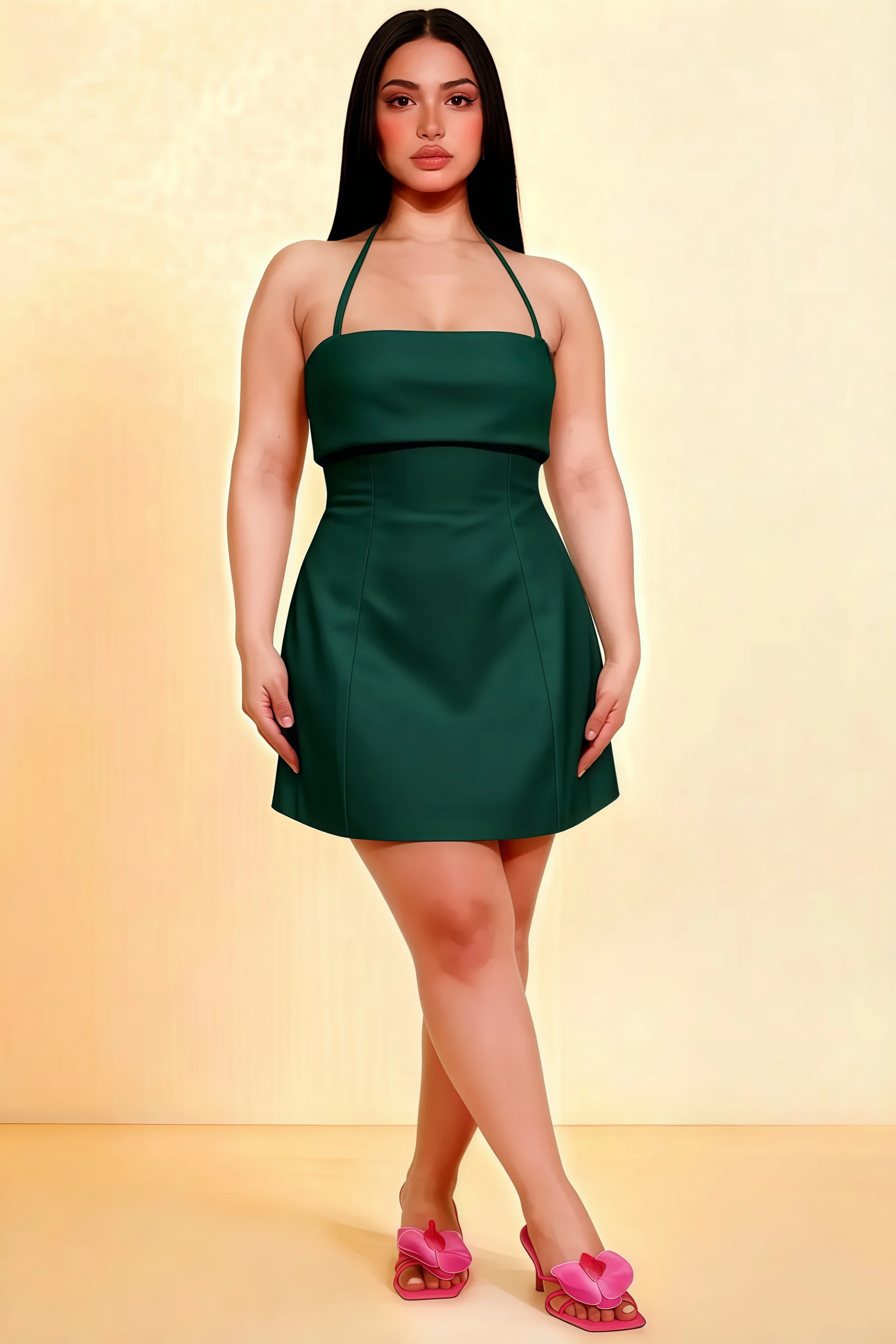 Bridget Emerald Green Halter Mini Dress with Square Neck