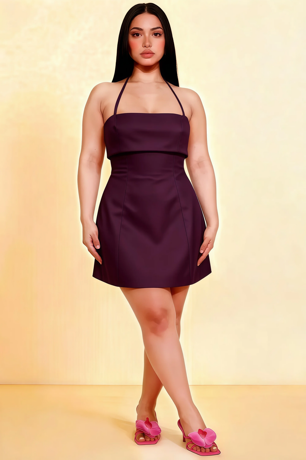 Bridget Grape Halter Mini Dress with Square Neck