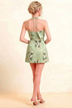 Bridget Green Floral Halter Mini Dress with Square Neck