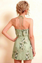 Bridget Green Floral Halter Mini Dress with Square Neck