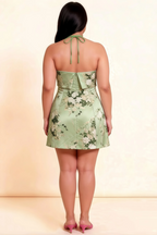 Bridget Green Floral Halter Mini Dress with Square Neck