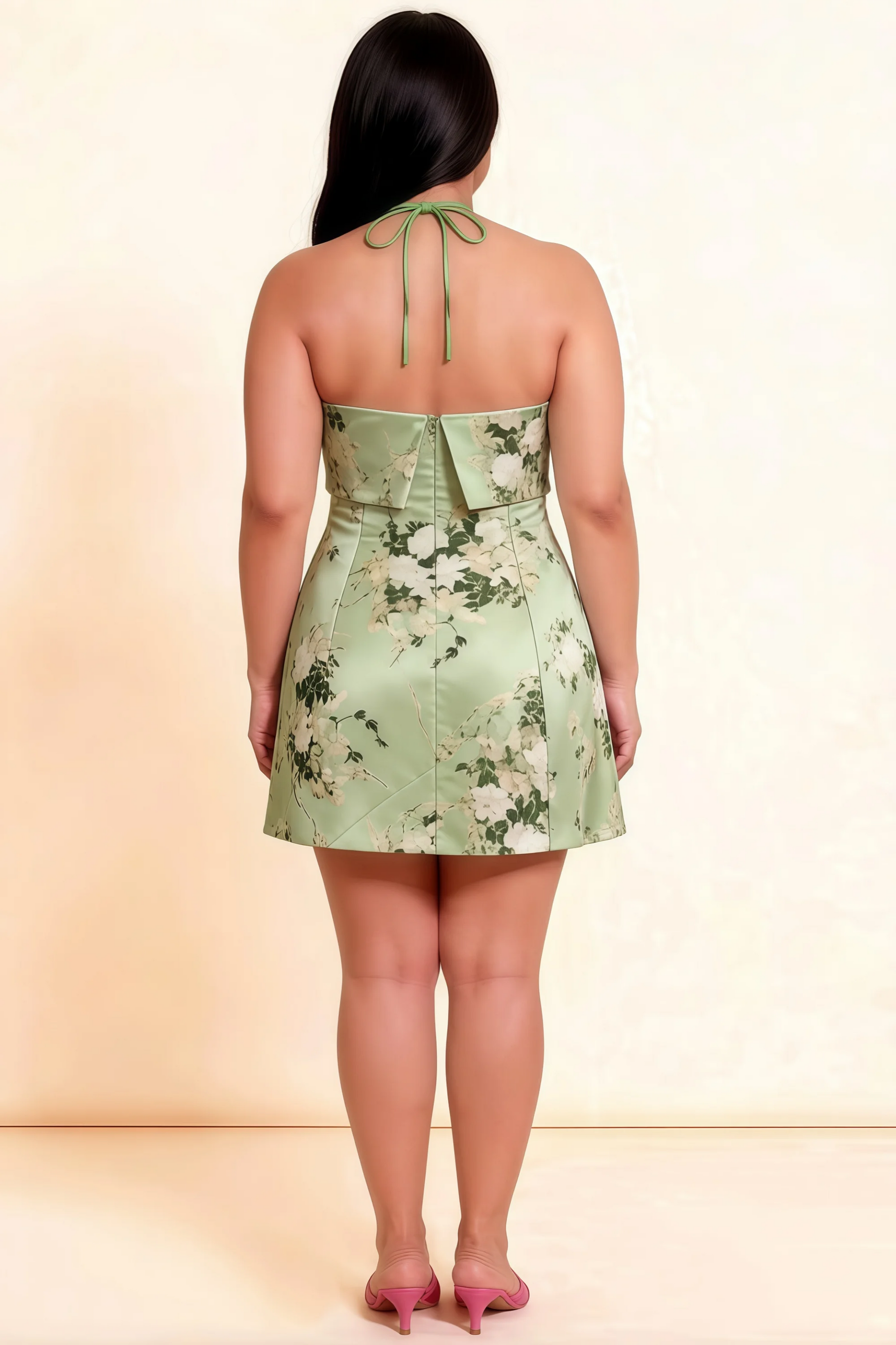 Bridget Green Floral Halter Mini Dress with Square Neck