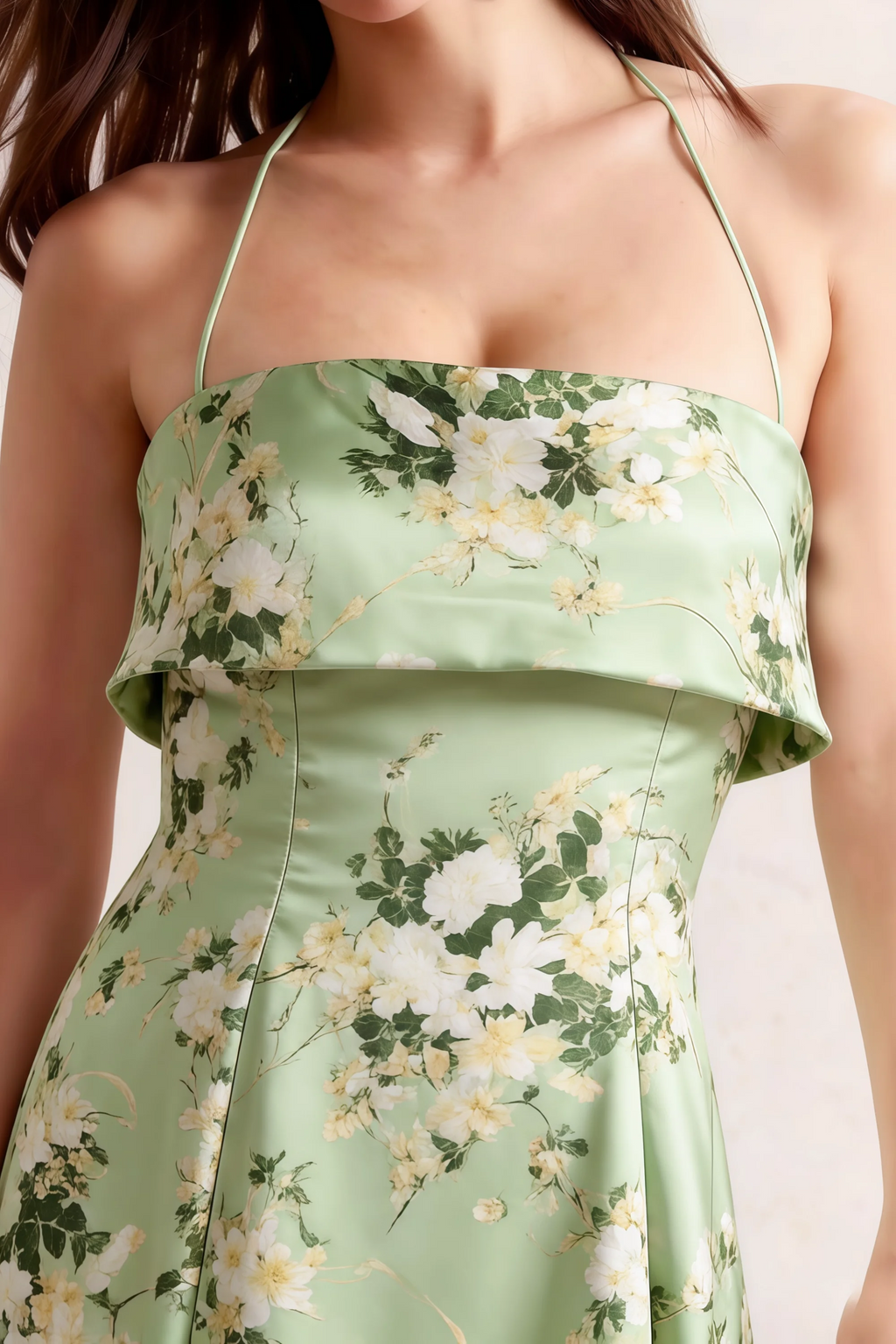 Bridget Green Floral Halter Mini Dress with Square Neck