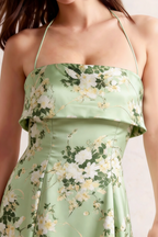 Bridget Green Floral Halter Mini Dress with Square Neck