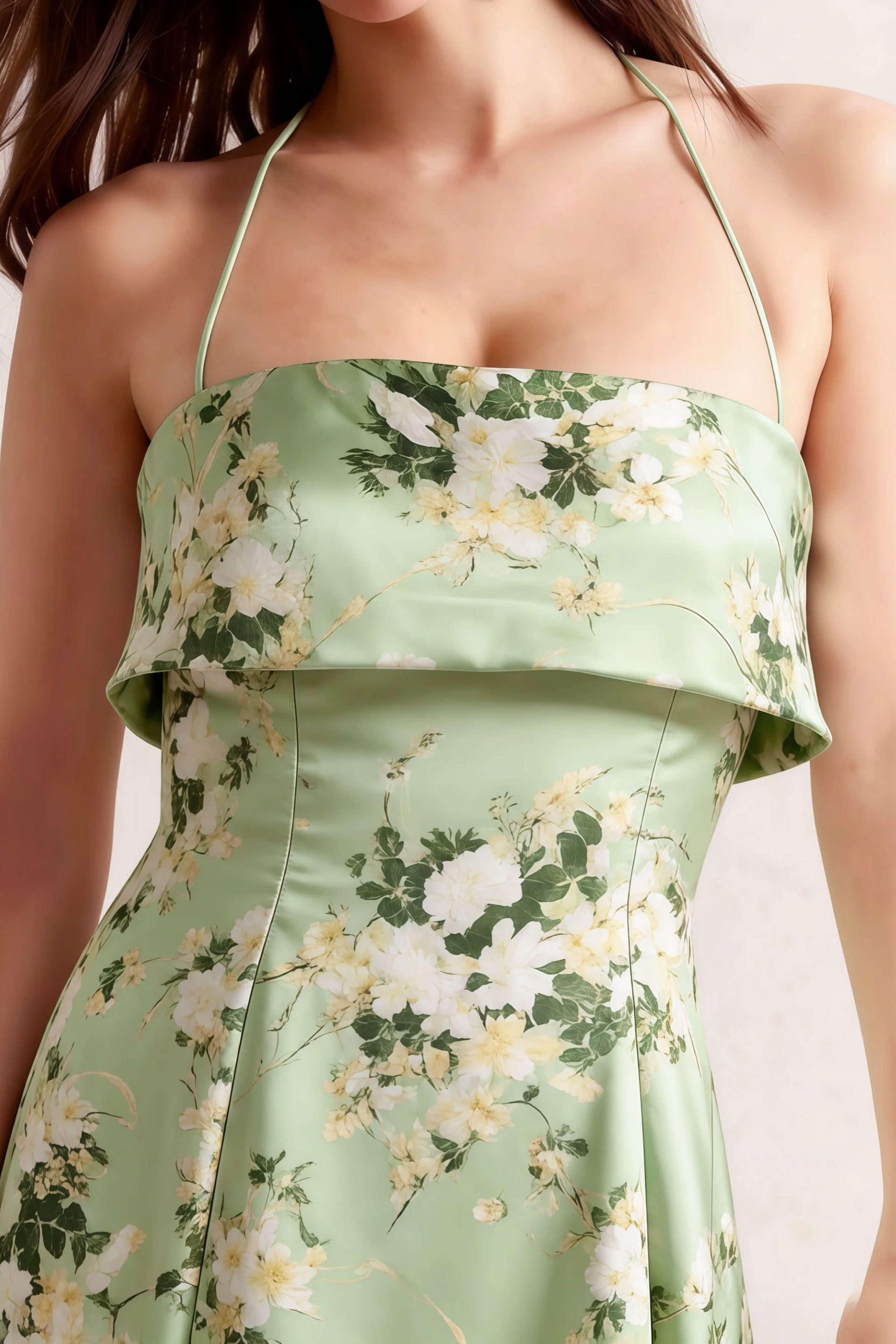 Bridget Green Floral Halter Mini Dress with Square Neck