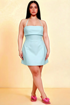 Bridget Light Blue Halter Mini Dress with Square Neck