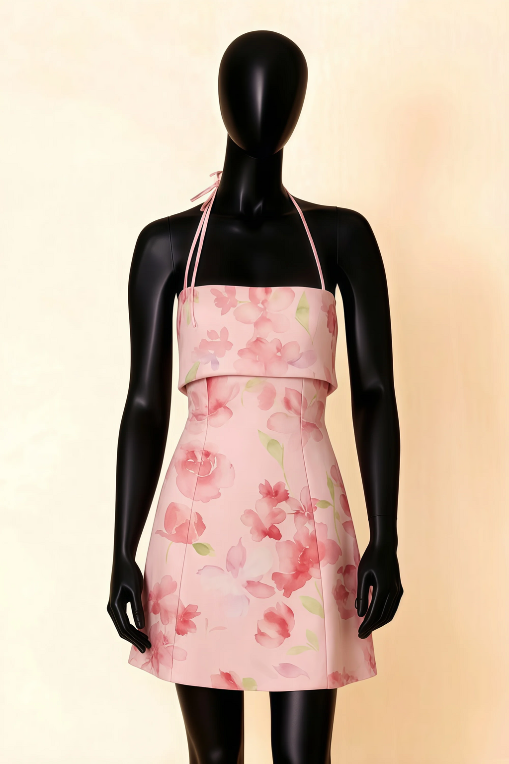 Bridget Light Pink Floral Halter Mini Dress with Square Neck