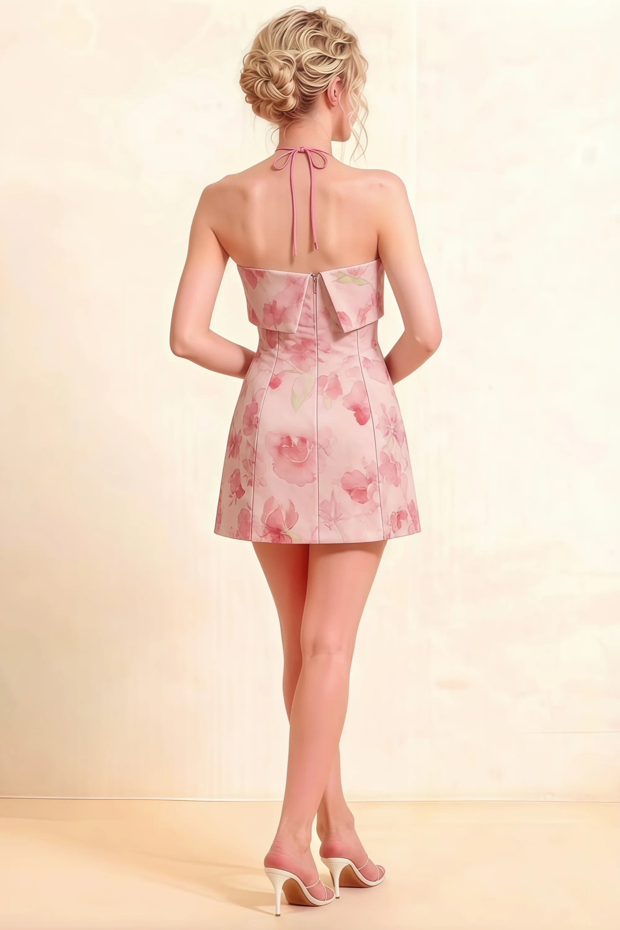 Bridget Light Pink Floral Halter Mini Dress with Square Neck Imagen secundaria del producto