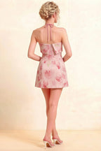 Bridget Light Pink Floral Halter Mini Dress with Square Neck