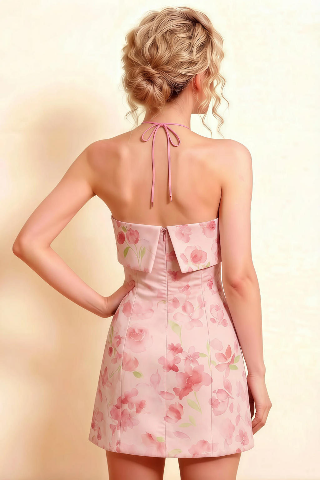 Bridget Light Pink Floral Halter Mini Dress with Square Neck
