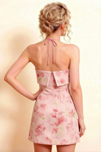 Bridget Light Pink Floral Halter Mini Dress with Square Neck