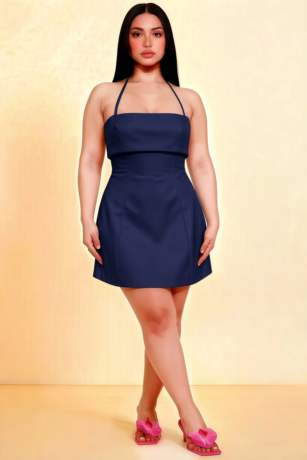 Bridget Navy Halter Mini Dress with Square Neck