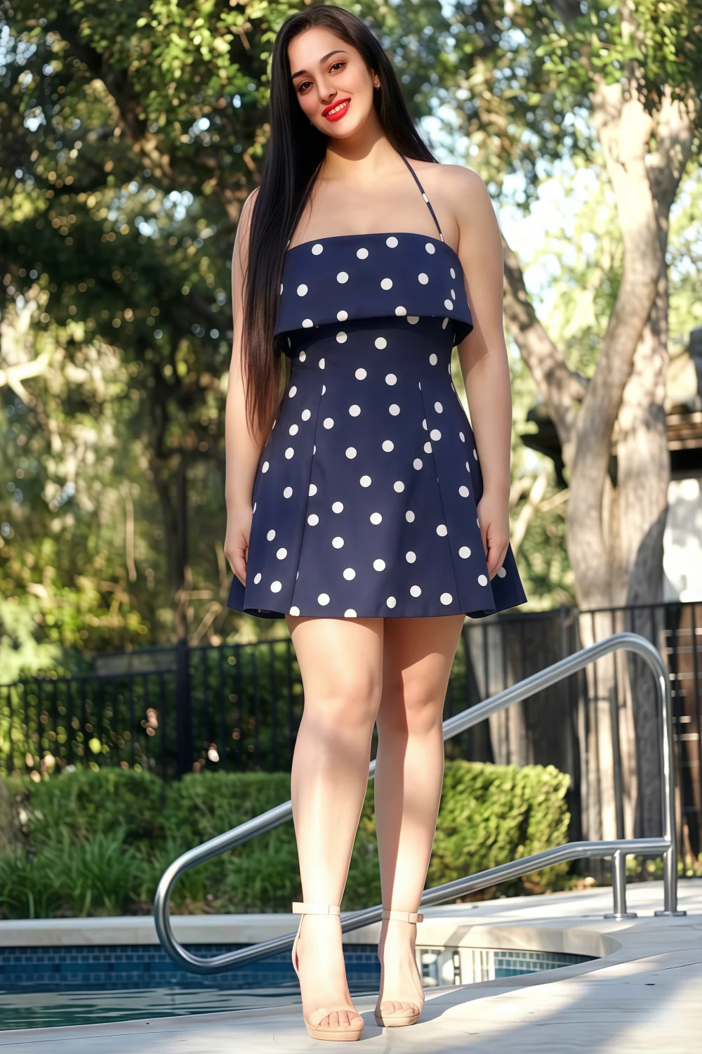 Bridget Navy Polka Dot Halter Mini Dress with Square Neck