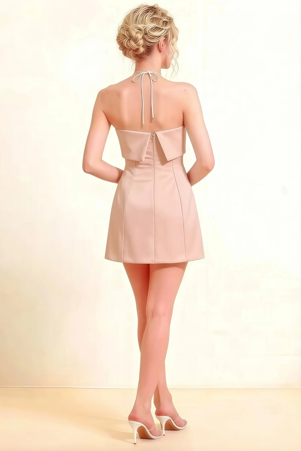 Bridget Pink Halter Mini Dress with Square Neck