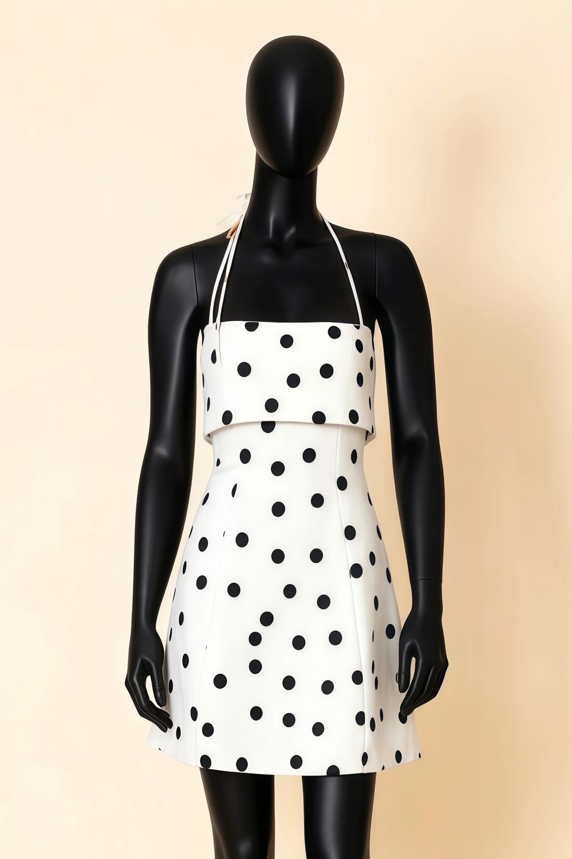 Bridget White Polka Dot Halter Mini Dress with Square Neck