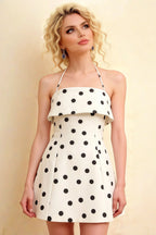 Bridget White Polka Dot Halter Mini Dress with Square Neck