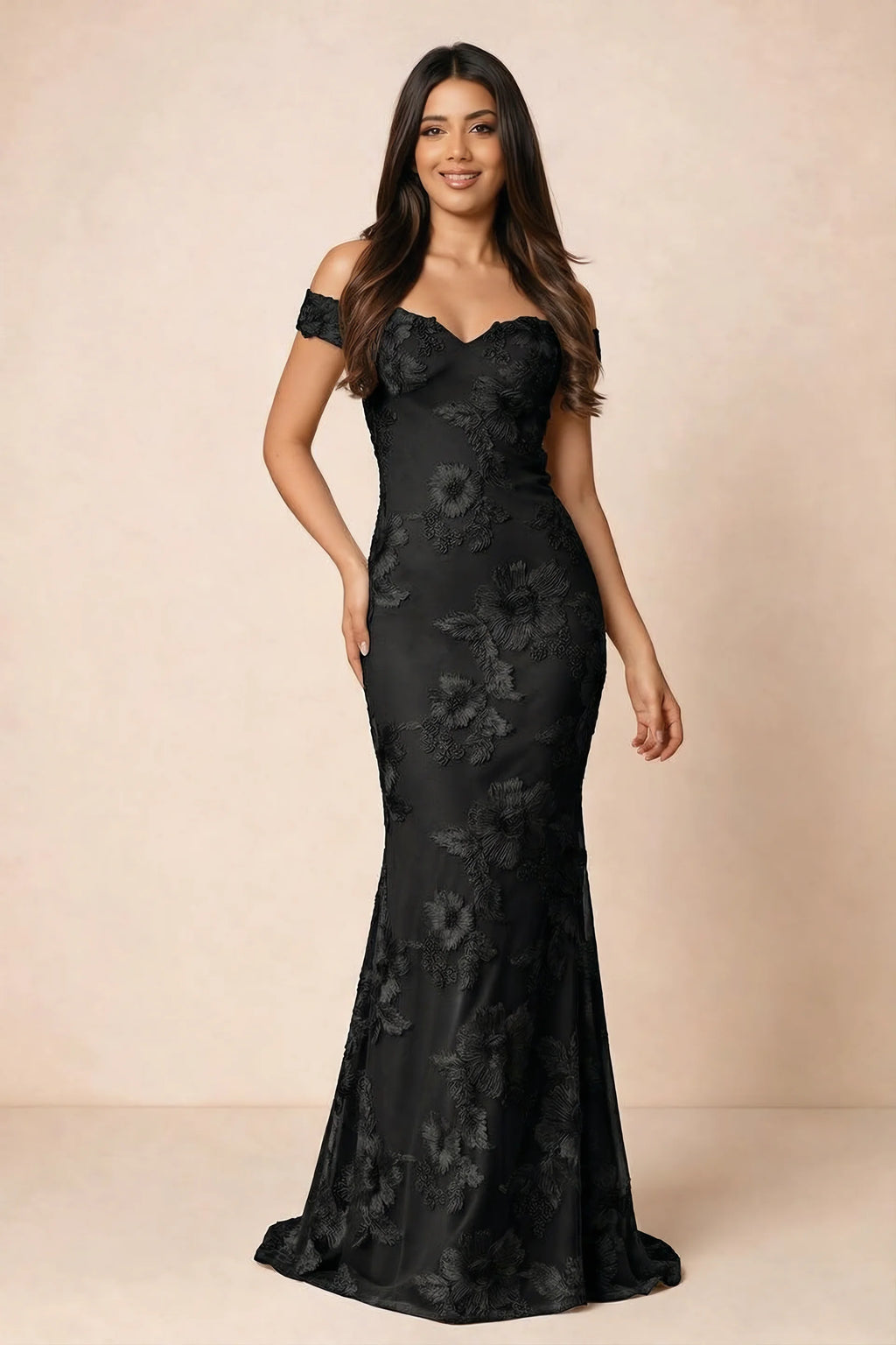 Front studio view of Bridgette black floral maxi dress with an off-shoulder sweetheart neckline