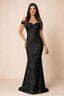 Front studio view of Bridgette black floral maxi dress with an off-shoulder sweetheart neckline