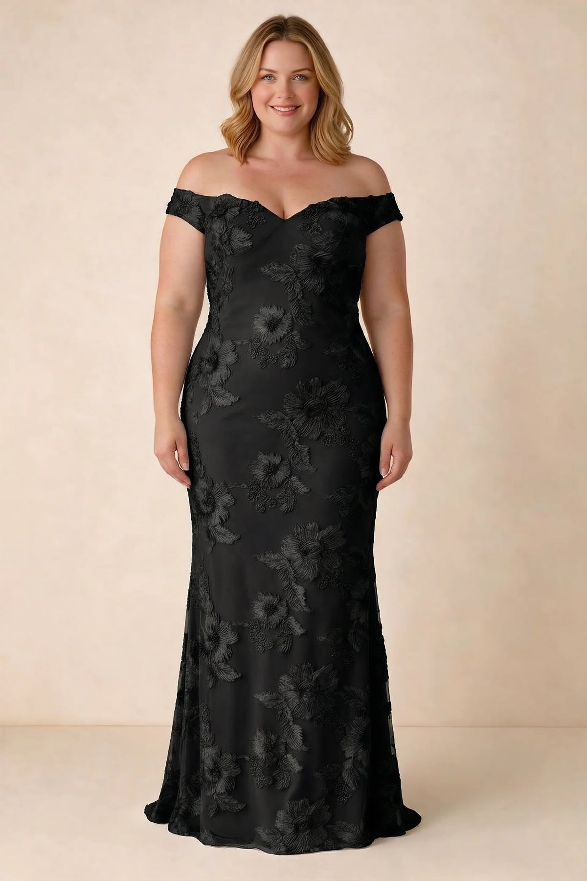 Front studio view of Bridgette black dress on a second model, showing the floral silhouette