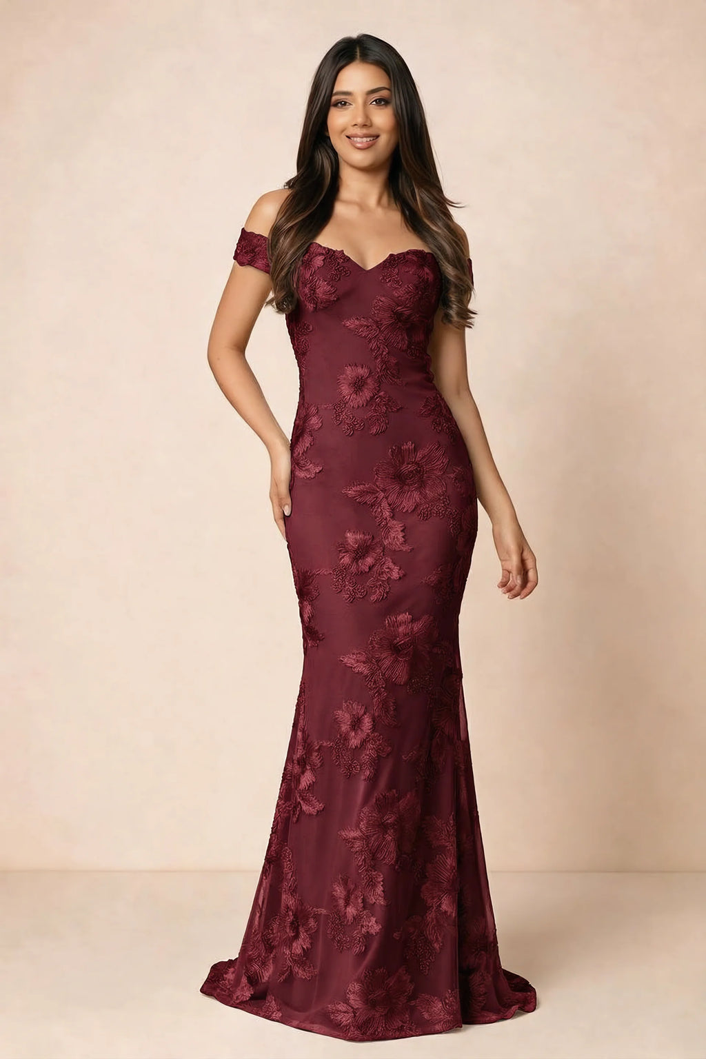 Front studio view of Bridgette burgundy floral maxi dress with an off-shoulder sweetheart neckline