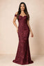 Front studio view of Bridgette burgundy floral maxi dress with an off-shoulder sweetheart neckline