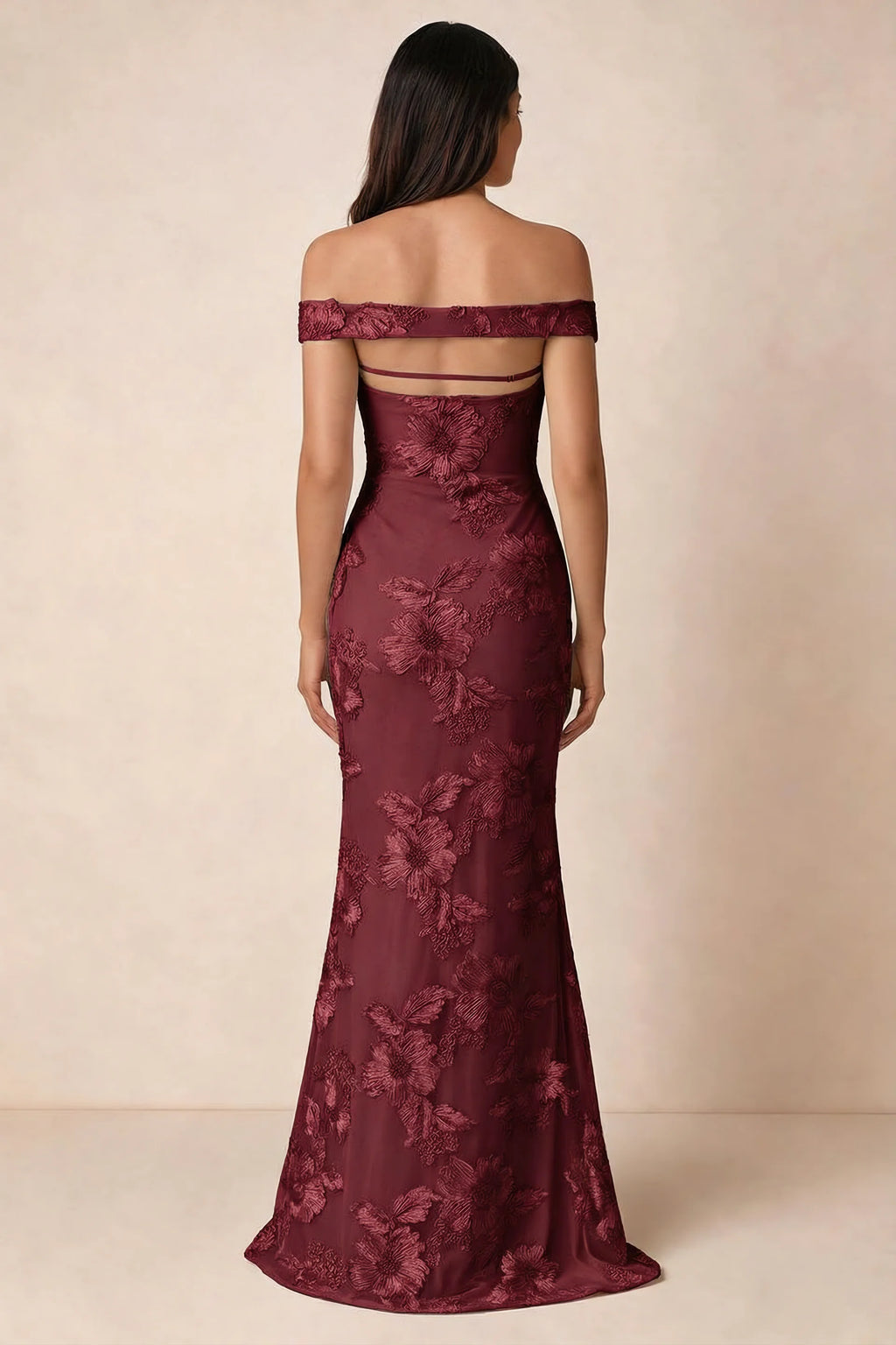 Rear studio view of Bridgette burgundy dress showing the horizontal straps across the open upper back