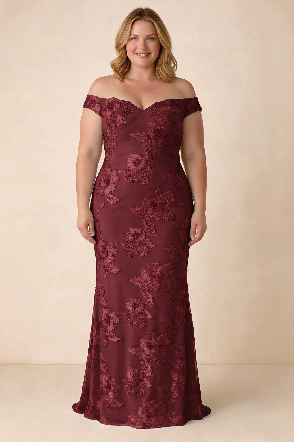 Front studio view of Bridgette burgundy dress on a second model, showing the floral silhouette
