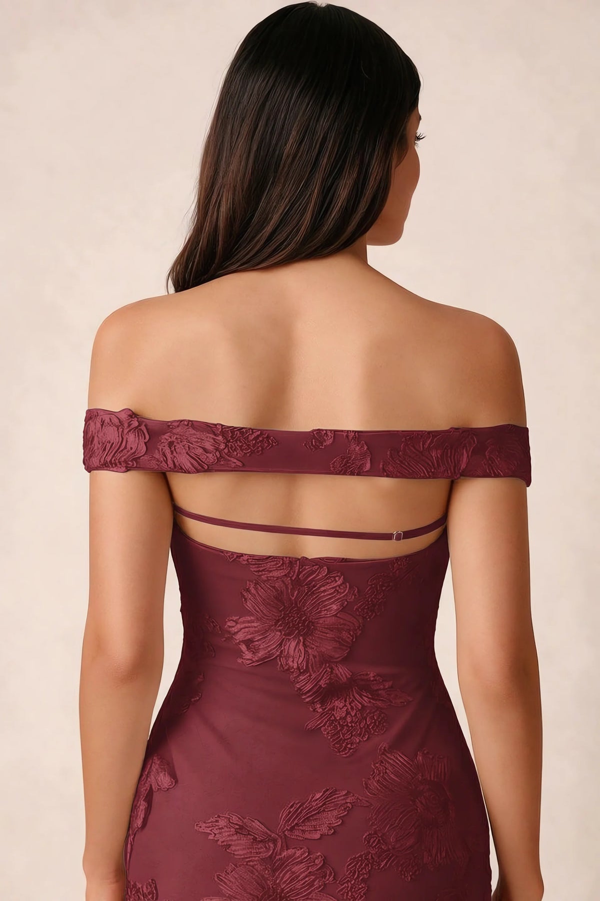 Close-up of Bridgette burgundy open back framed by the shoulder band and slim horizontal strap