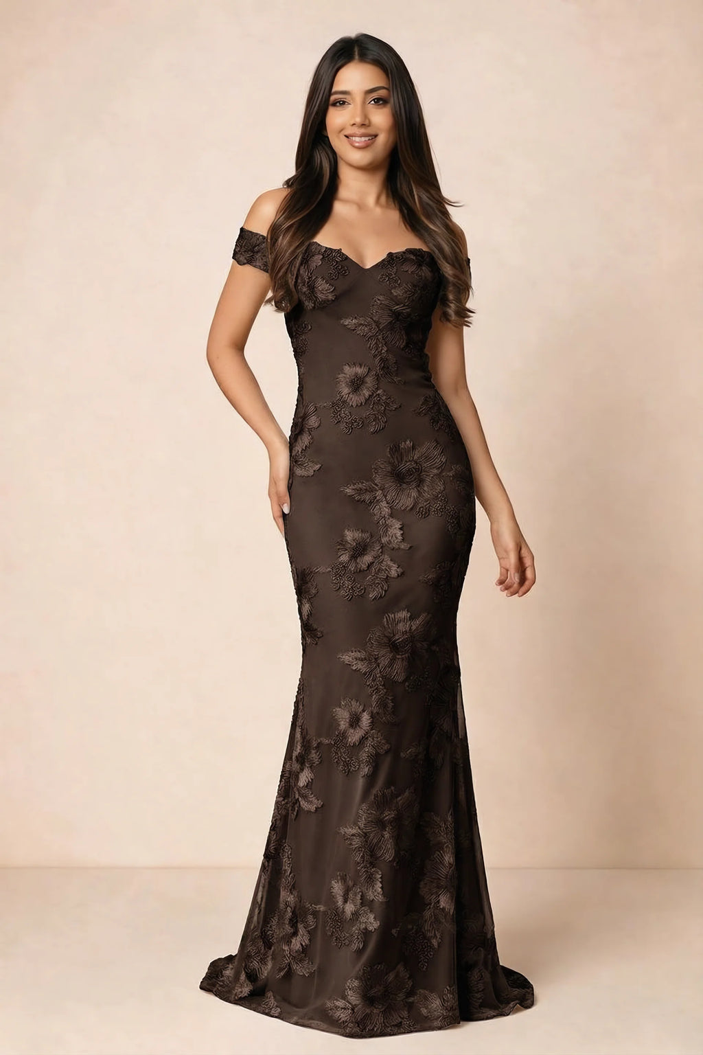 Front studio view of Bridgette chocolate brown floral maxi dress with an off-shoulder sweetheart neckline
