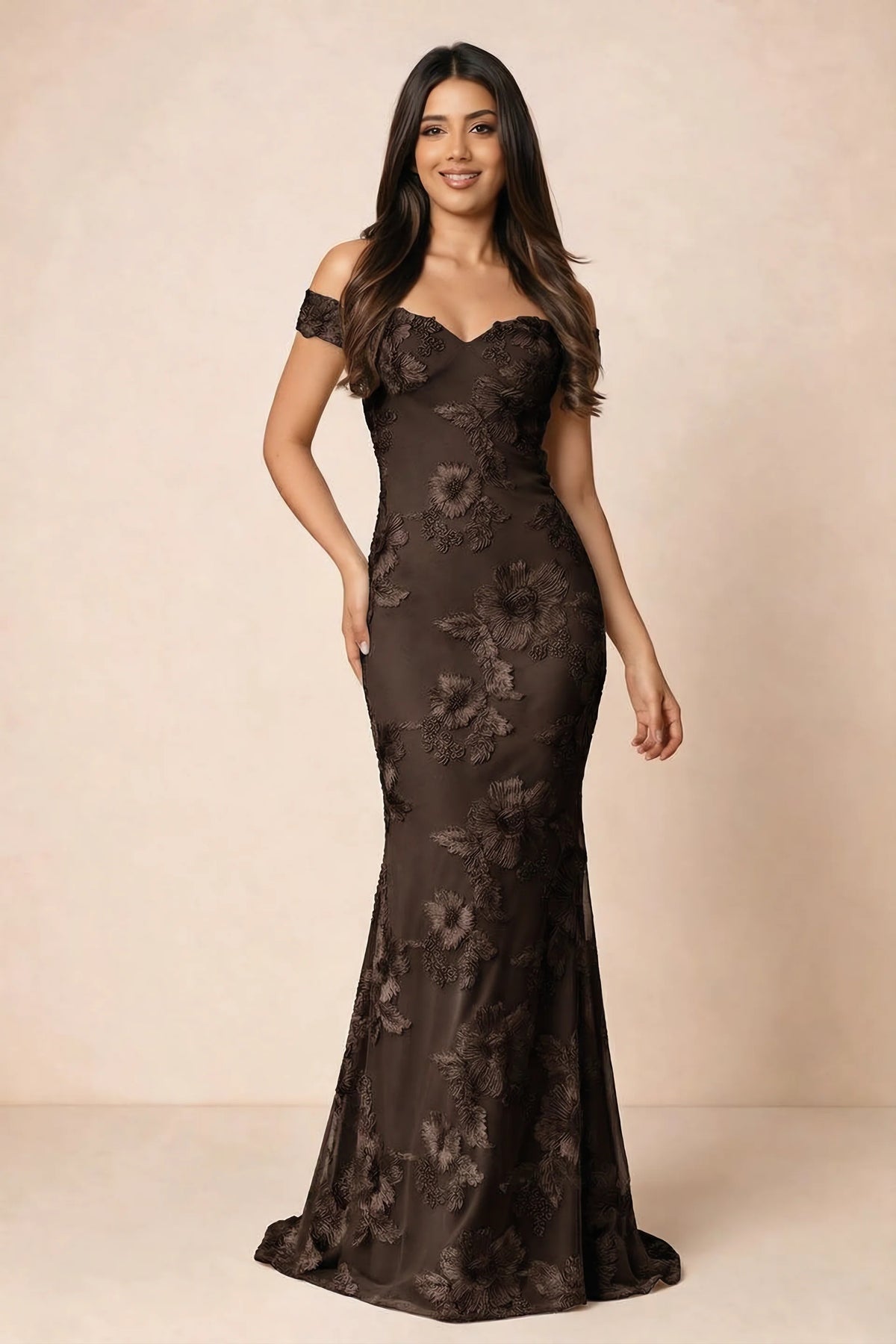 Front studio view of Bridgette chocolate brown floral maxi dress with an off-shoulder sweetheart neckline