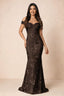 Front studio view of Bridgette chocolate brown floral maxi dress with an off-shoulder sweetheart neckline