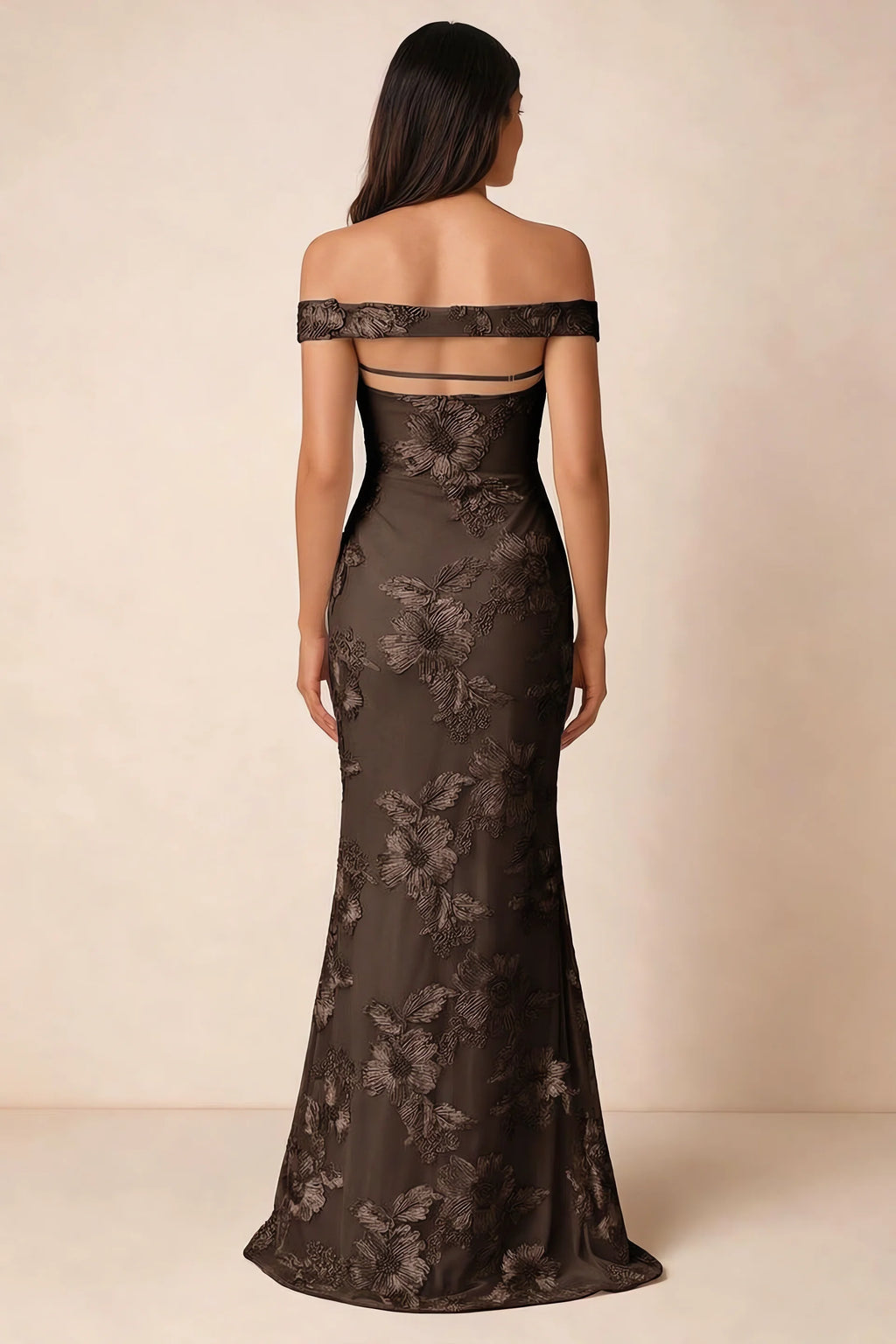 Rear studio view of Bridgette chocolate brown dress showing the horizontal straps across the open upper back
