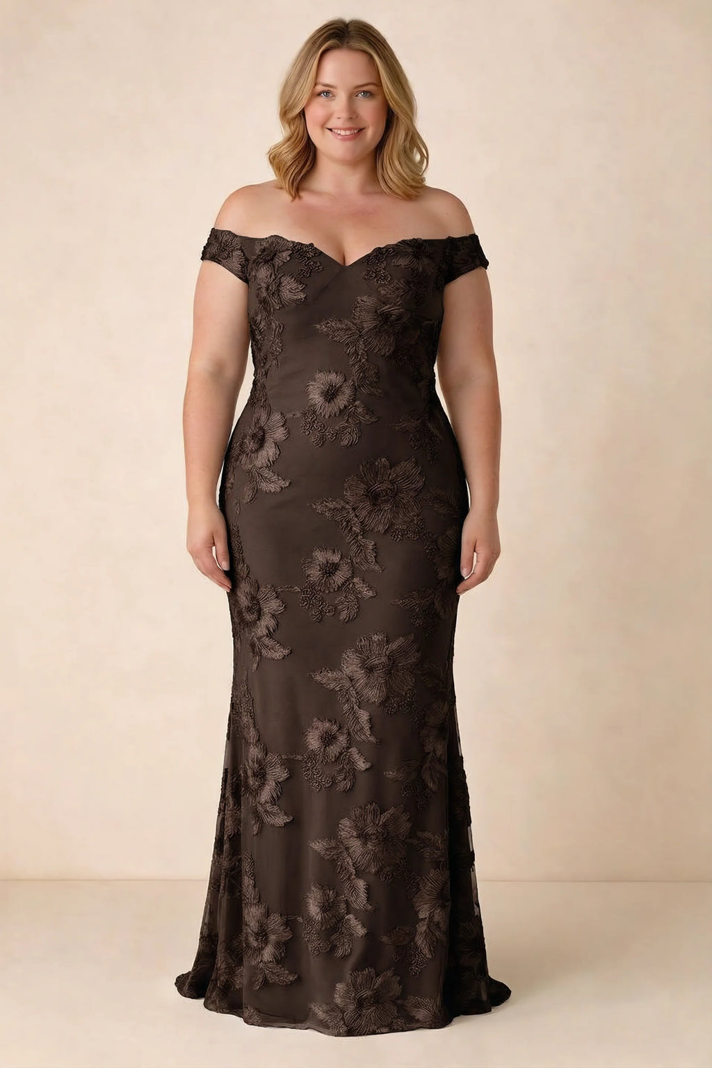 Front studio view of Bridgette chocolate brown dress on a second model, showing the floral silhouette