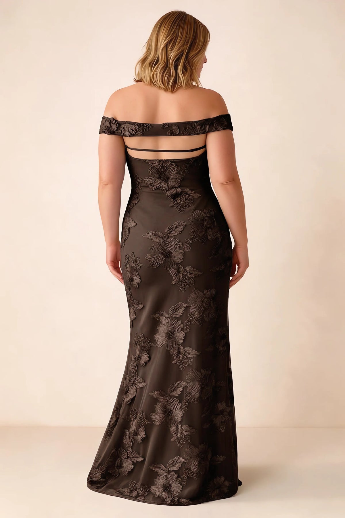 Rear studio view of Bridgette chocolate brown dress on a second model, showing the flared skirt
