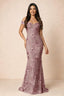 Front studio view of Bridgette dusty lilac floral maxi dress with an off-shoulder sweetheart neckline