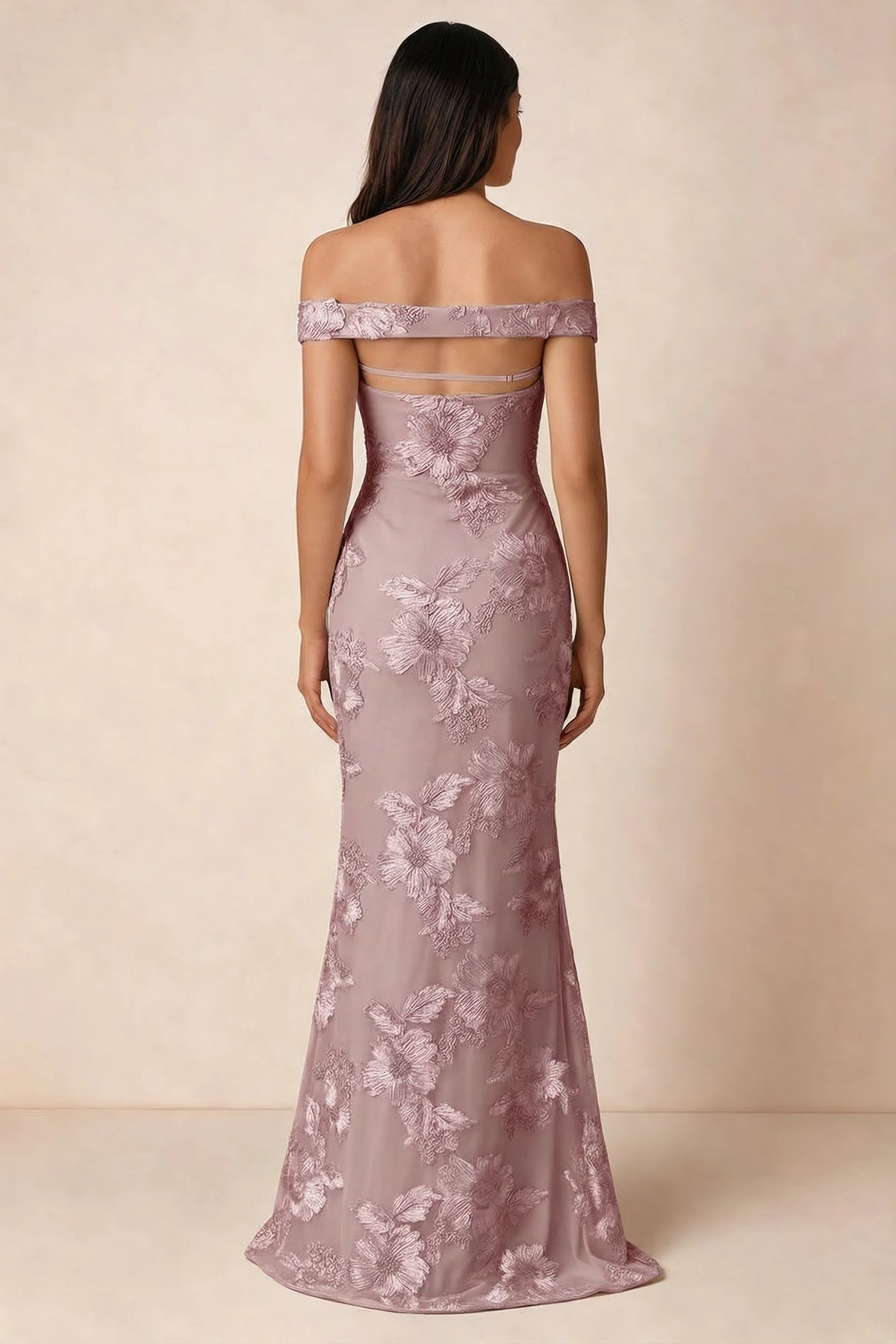 Rear studio view of Bridgette dusty lilac dress showing the horizontal straps across the open upper back
