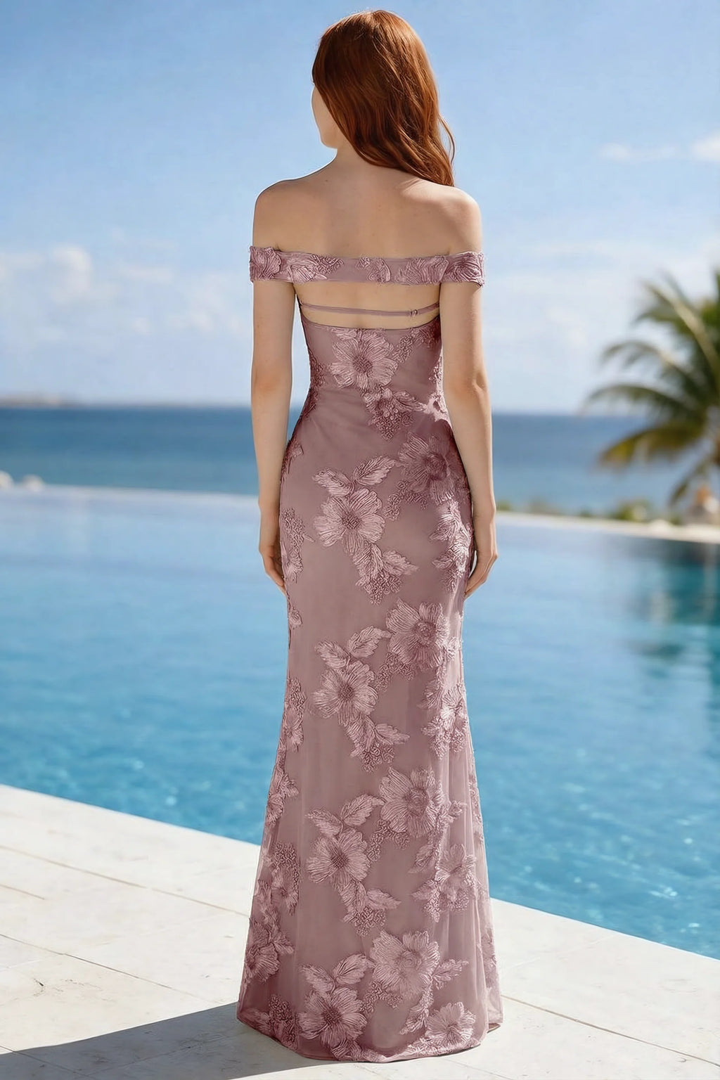 Poolside rear view of Bridgette dusty lilac dress showing the open upper back and long hem