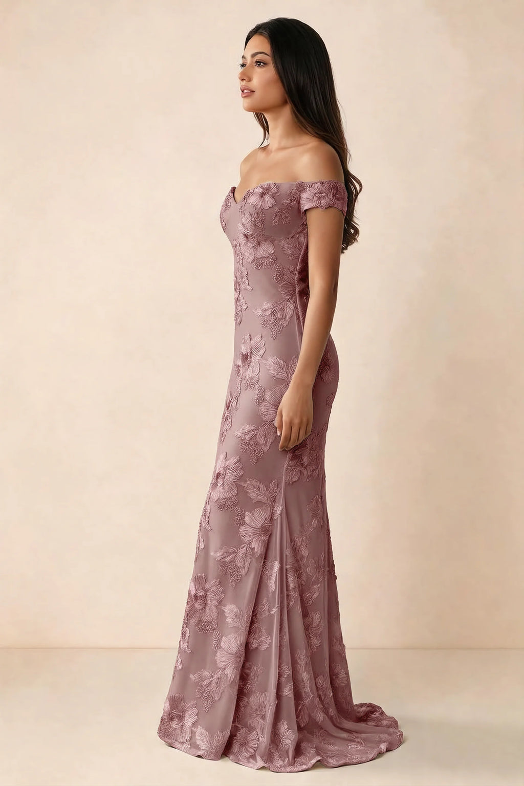 Side studio view of Bridgette dusty lilac dress showing the fitted hips and trailing back hem
