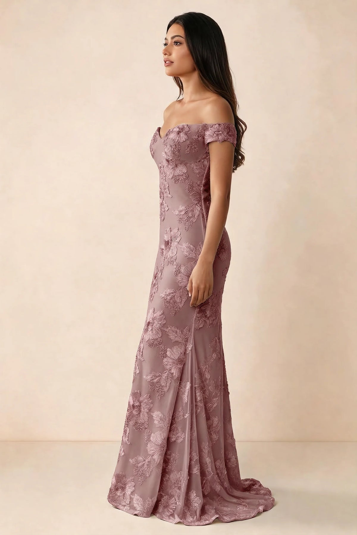 Side studio view of Bridgette dusty lilac dress showing the fitted hips and trailing back hem