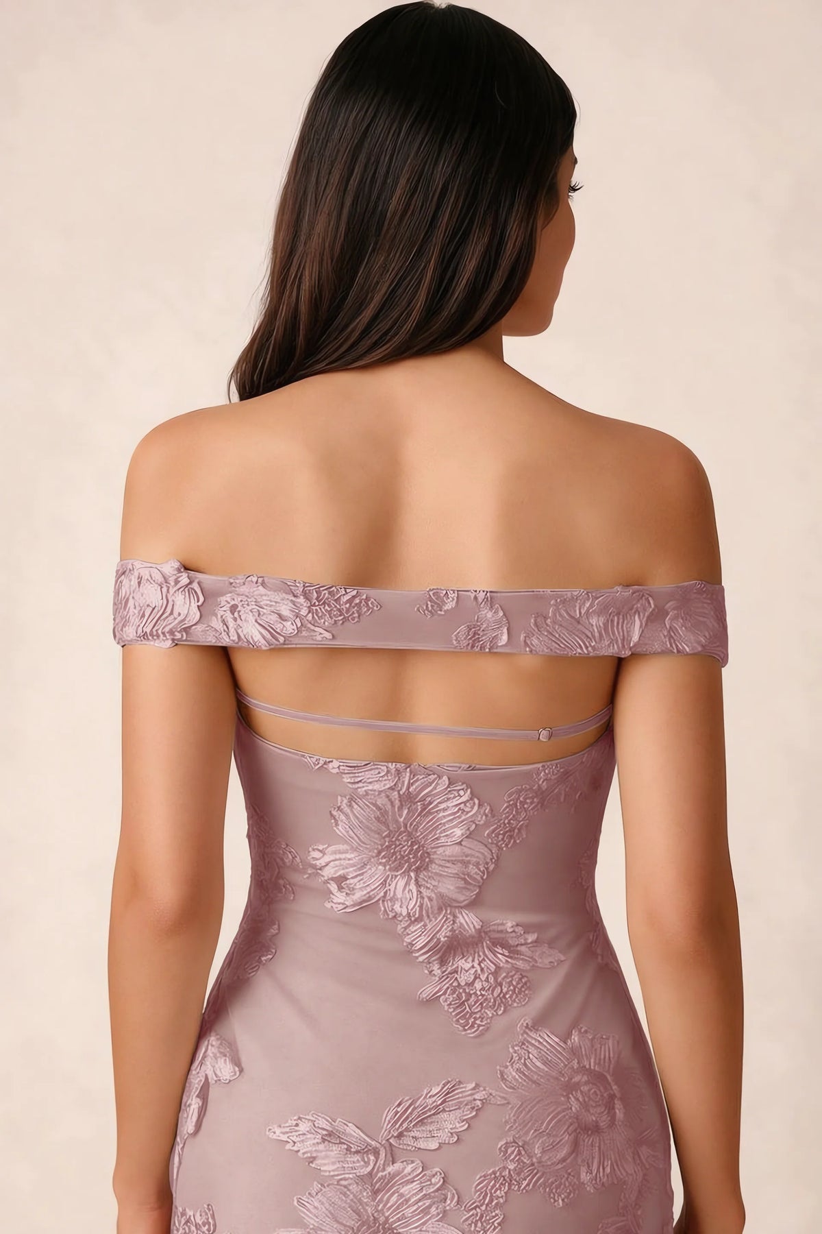 Close-up of Bridgette dusty lilac open back framed by the shoulder band and slim horizontal strap