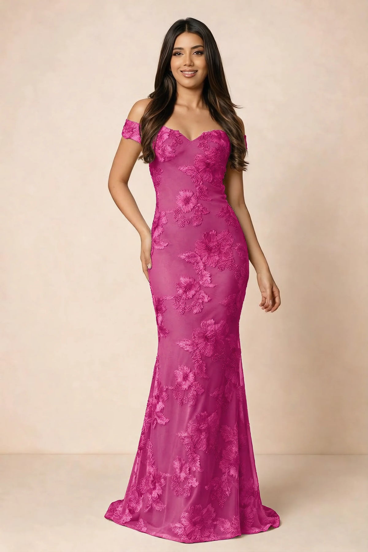 Front studio view of Bridgette fuchsia floral maxi dress with an off-shoulder sweetheart neckline